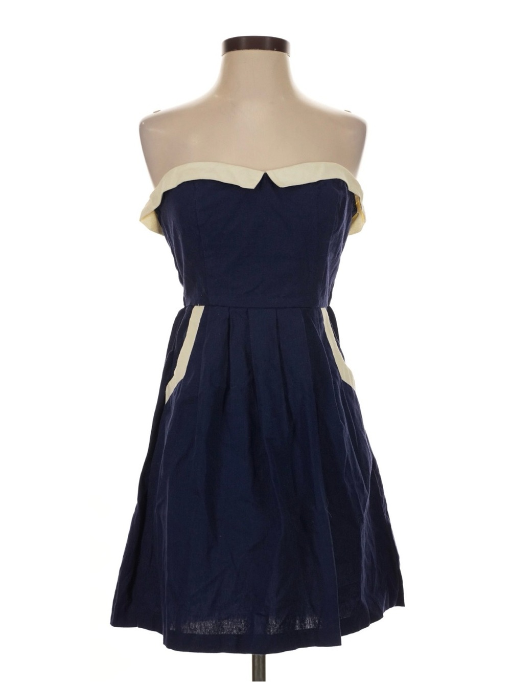 Cope Navy/Ivory Strapless Sweetheart Cocktail Linen+Cotton Dress Size 6 NWT
